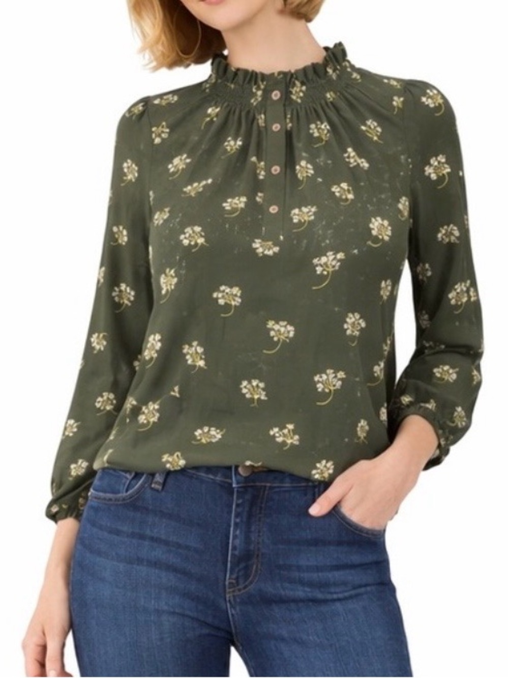 Loft Women's Olive Green Floral Ruffle Neck Button Down Blouse size M